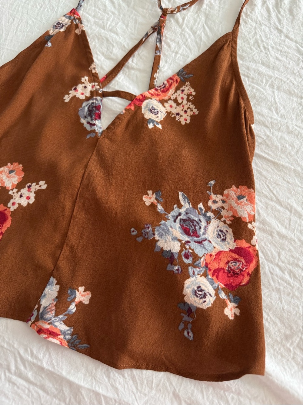 Forever 21 Rust Brown Floral V-Neck Spaghetti Strap Flowy Tank Top - Picture 3 of 7